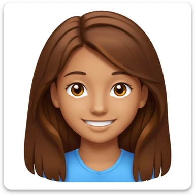 teen emoji girl with long brown hair, brown eyes, smiling, white background sticker
