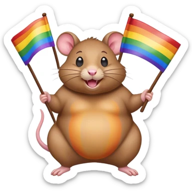 Fat rat holding rainbow flags looking excited  sticker