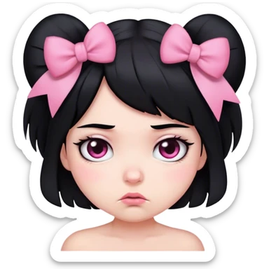 Cute girl black hair pink bow grumpy face  sticker