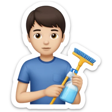 boy dark brown hair with bangs with straight eyebrows cleaning sticker