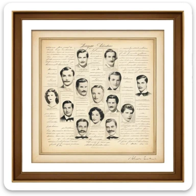 Icon for Autograph Collecting: several vintage framed with signatures of famous celebrities sheets stacked one on top of the other, each . The icon should evoke the charm and history of collecting autographs. Transparent background. sticker