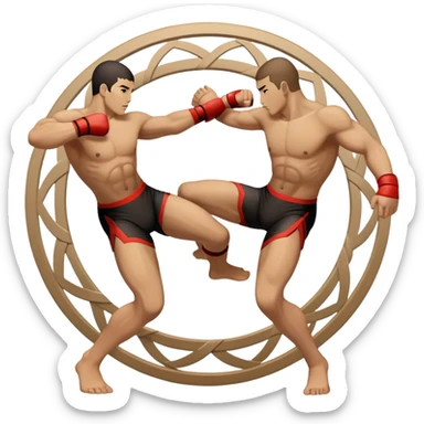 An icon symbolizing wrestling martial arts, featuring two stylized figures locked in a dynamic grappling pose. The background shows abstract elements representing strength and technique, with a circular design to represent unity and focus. Transparent background sticker