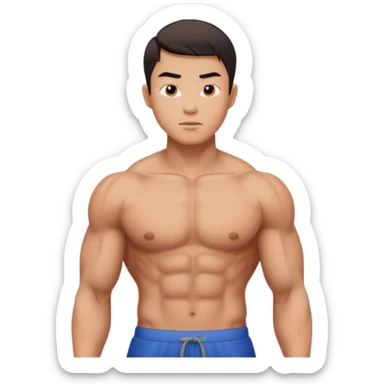 A standing buff shirtless asian guy with a really square jawline. Make his jawline extremely square and exaggerated. Also give him a middle part haircut sticker