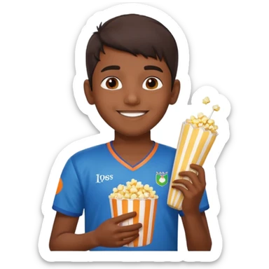 an indian boy wearing indian cricket jersey and eating popcorn sticker