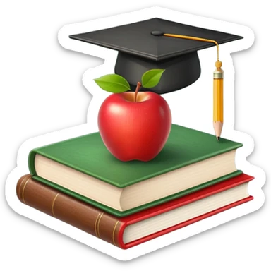 An icon featuring an open book, a chalkboard with lesson plans, and a pencil, symbolizing education and pedagogy. The design includes an apple and a graduation cap, representing teaching and learning. Transparent background highlights the growth and development in education. sticker