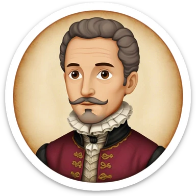 Cinematic Realistic Miguel de Cervantes Portrait Emoji, depicted as a wise thoughtful literary figure in period attire with a reflective gaze, rendered with detailed textures and soft historical lighting that captures his enduring literary legacy. sticker