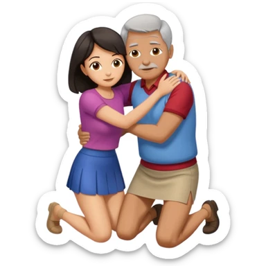 older man with dark hair on knees, facing dark haired, middle aged woman in a micro mini skirt, hugging her waist sticker