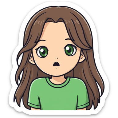 white girl, long brunette hair, green eyes shocked  sticker