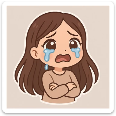 3D bitmoji chibi sticker of the girl from the reference, expressive face and eyes, long brown hair, crying with tears. sticker