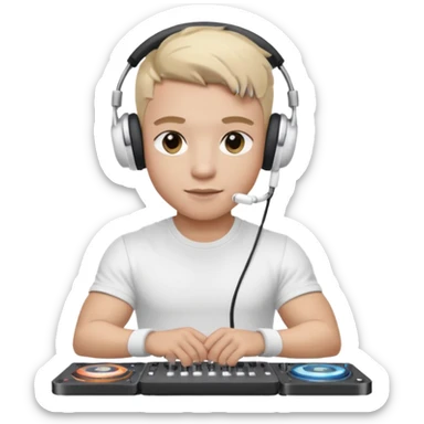 парень диджей накаченный молодой с диджейский микшером и ноутбуком красивый парень со светлыми волосами и черно кориченывыми глазамами и в наушниках apple airpods белых, в белой футболке sticker