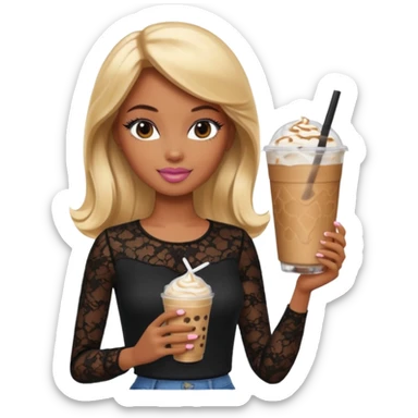 brown skin blonde barbie wearing black lace shirt with iced latte sticker