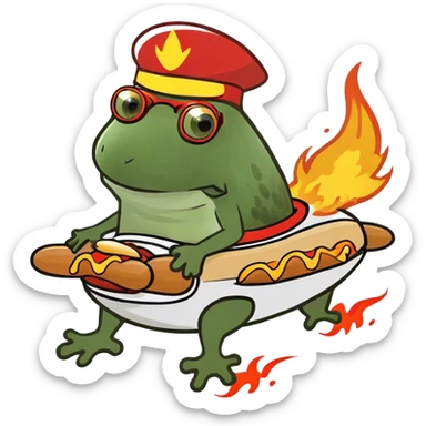 riding a hotdog rocketship, full body, flames coming out the back sticker