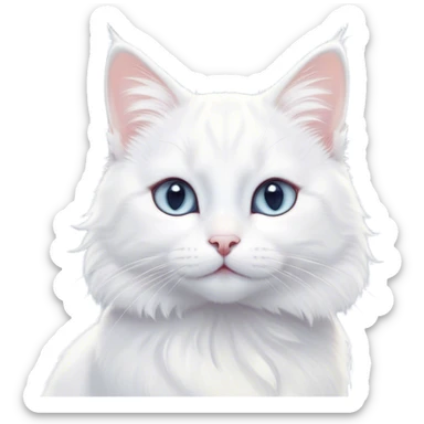 Cinematic Cute White Cat Portrait Emoji, Head tilted with a soft, gentle smile and sparkling eyes, featuring a silky, pristine white fur with subtle silver highlights, simplified yet irresistibly adorable, highly detailed, glowing with a warm, snowy glow, high shine, radiating affectionate charm and tender grace, styled with a light, playful outline, capturing the essence of a cute white cat that looks as if it could melt your heart with a single blink! sticker