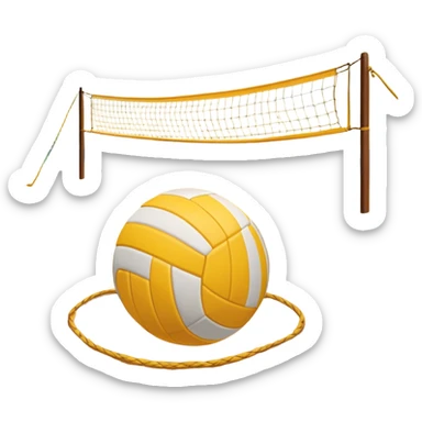 A volleyball resting on the yellow sand on a beach, with the net in the background and a scenic view of the ocean and sky. The scene captures the relaxed yet competitive vibe of beach volleyball, with warm sunlight and the natural beauty of the beach. sticker