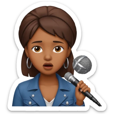Brown skin girl singing into a microphone looking sad  sticker