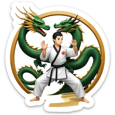 An icon symbolizing Eastern martial arts in the style of an emblem, featuring a black-and-white Yin-Yang symbol and a dragon at the center. A martial artist is performing a fluid kick, surrounded by elements like a dojo and bamboo. Transparent background highlights balance and power. sticker