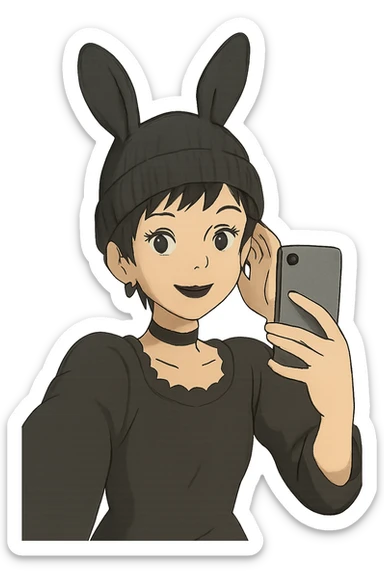 1 female, gothic pixie with a bunny ears beanie cute selfie  sticker