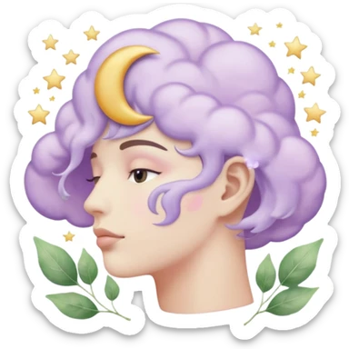 watercolor-style emoji of a human head silhouette with “AI” inside a lilac cloud, connected to a soft circuit shape. gentle pastel palette (sage green, blush, lilac), surrounded by leaves, moon, and stars — poetic and calm aesthetic. sticker