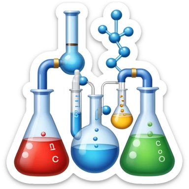 An icon featuring chemical flasks with tubes, representing hydrolysis, along with liquids, powders, and chemical formulas. The design includes molecules and reaction symbols, symbolizing the study of chemical processes and compounds. Transparent background highlights the science of reactions. sticker