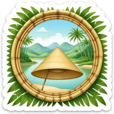 ​Cinematic Realistic Traditional Vietnamese Nón Lá, depicted as a delicately crafted conical hat made of bamboo and palm leaves with subtle texture and natural wear, set against a serene rural backdrop bathed in warm, soft sunlight, evoking authentic cultural heritage, sticker