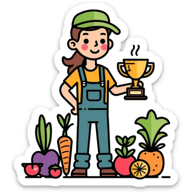 Happy gardener with trophy and prize vegetables sticker
