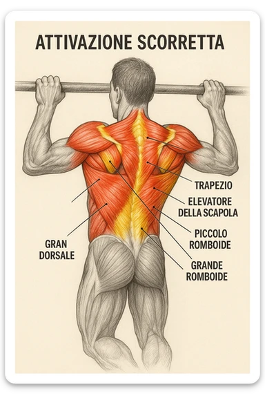 realistic anatomical illustration of pull-up on a bar focusing on incorrect activation of back and scapular muscles, muscles clearly highlighted, Italian captions, aspect ratio 2:3 sticker