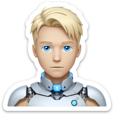 Cyborg male with tousled straight blond hair, partly mechanical face, glowing eyes, white tech collar sticker