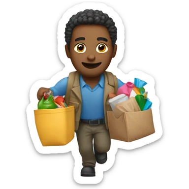 a man collects a bunch of things and runs sticker