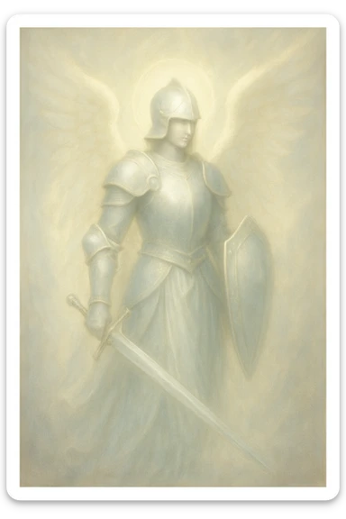 an angel knight with elegant armor, sword and shield, ethereal style, soft light sticker