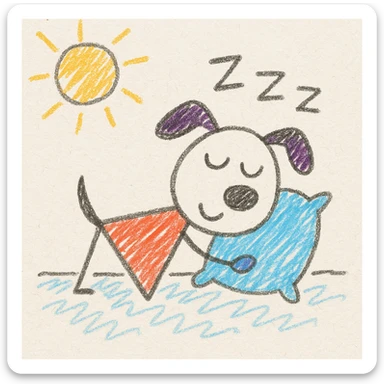 a dog snoring with a little pillow, cozy illustration style sticker