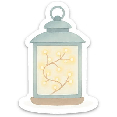 watercolor art illustration of a magical lantern glowing with fairy lights, calm pastel colors, white background, designed for sticker printing sticker
