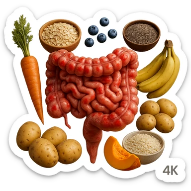 intestino umano anatomico infiammato con carota, bowl di avena, mirtilli, bowl di semi di chia, patate, banane, zucca, bowl di riso che gli fluttuano dietro, iperrealistico 4k sticker