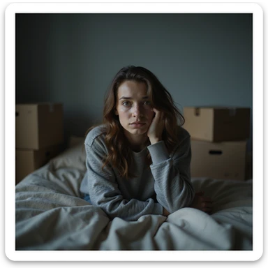 young woman sitting on her bed surrounded by moving boxes, tired face and teary eyes, half-empty room, melancholic atmosphere, cold lighting, hyperrealistic 4K details sticker