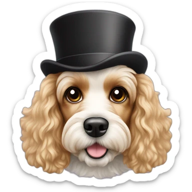 Blond Cavalier spaniel poodle Maltese mix with a top hat sticker