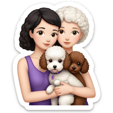Woman with short black straight hair hugging a brown poodle and a white bichon frise sticker