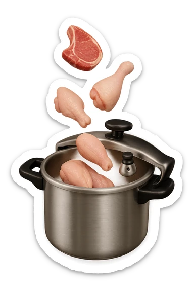 emoji stile iphone in 3d di una pentola a pressione dentro cui cadono agnello, pollo e tacchino crudi da cuocere, iperrealistico 4k sticker