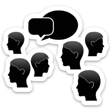 Minimalistic flat vector icon, iOS style, thin black contour on white background. Human head with speech bubble and small group of people silhouettes listening. Clean, no text, no shadows sticker