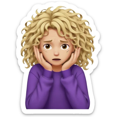 Emoji-style illustration of a frustrated young woman, messy, tangled, curly tousled blonde hair, clearly unkempt and chaotic, wearing a purple sweater, holding her face in her hands, expressing annoyance and disappointment, cartoonish, expressive, simple lines, flat colors, clear silhouette,  sticker