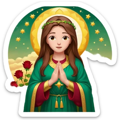 fullbody Virgin Mary front view kind face long brown hair emerald green robe with gold stars burgundy red dress hands in prayer halo standing in front of a big sun colorful roses on the sides sticker