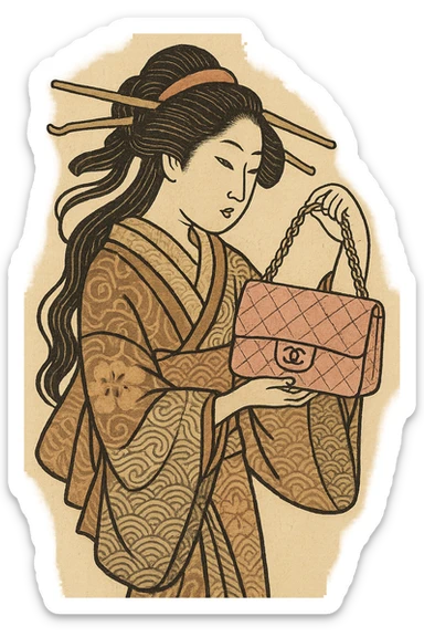 pink Chanel purse, Japanese woodblock print inspired, ukiyo-e style sticker