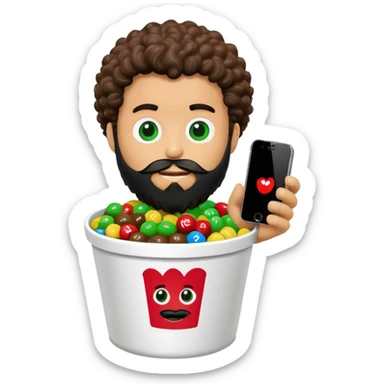 KFC bucket with a green M&M character sitting inside it, the M&M has a black beard, curly hair, and is holding an iPhone sticker