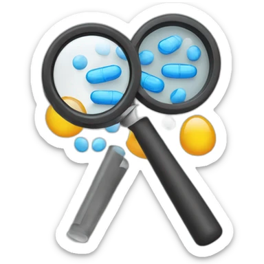 i want an emoji representing a printer with a magnifying glass covering it showing medication drugs sticker