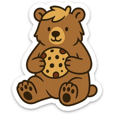 flat toon style blonde grizzly bear sitting, full body, holding a large chocolate chip cookie sticker