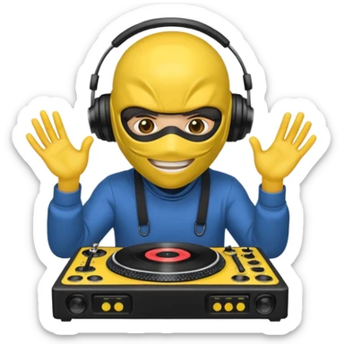 Make a customized yellow head emoji with hands and holding a dj turn table  in a ninja face mask sticker