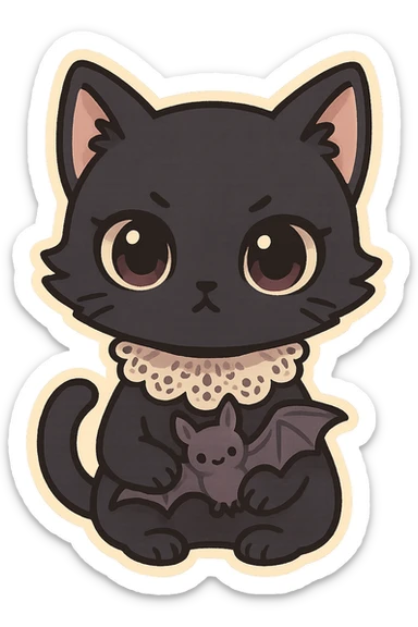 gothic cat, chibi style, pastel palette, black fur, lace collar, big eyes, cute but mysterious, holding a tiny bat sticker