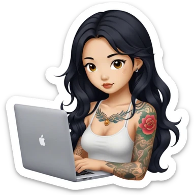 beautiful girl, with tattoos, with long black hair, wavy hair, chinese, with laptop sticker