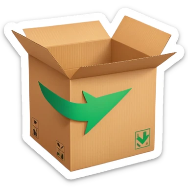 closed cardboard box with a circular arrow and a green checkmark inside the arrow, positioned above the box in the upper right corner sticker