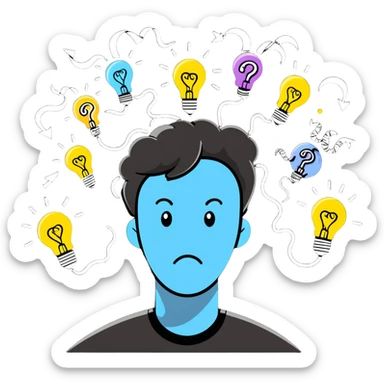 Person with a chaotic mind, swirling tornado of tangled thoughts around their head, containing question marks, light bulbs, and scribbles. The person has a bewildered, overwhelmed expression. sticker