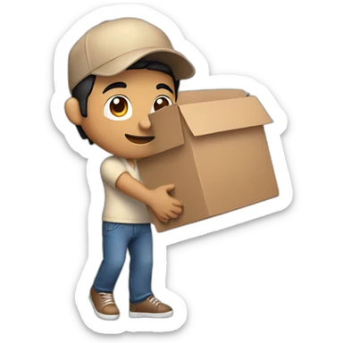 Tan skinned fit Man with black hair in a brown cap, blue jeans and beige polo T-shirt keeping a pasted box into his hands sticker