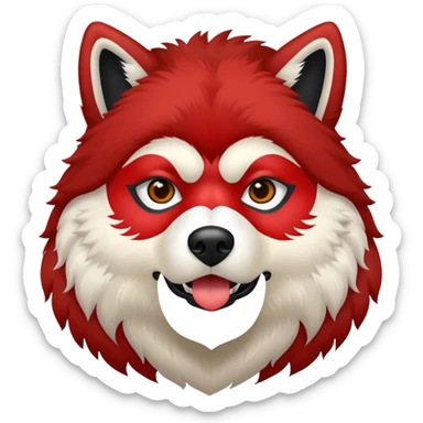 A red malamute with a bandit mask sticker